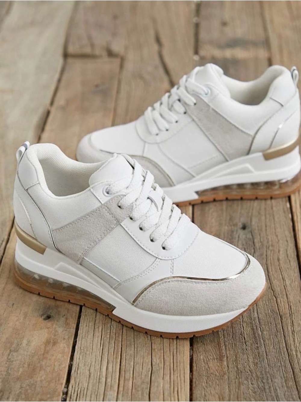 Viscozzy White Hidden Wedge Sneakers , Platform Air Cushion Shoes Lace Up